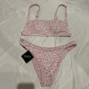 White Zaful bikini. pink cheetah
